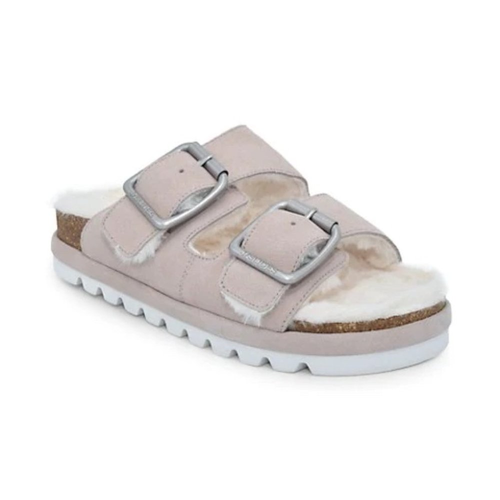 Blush Faux Fur-Lined Suede Slides from J/SLIDES